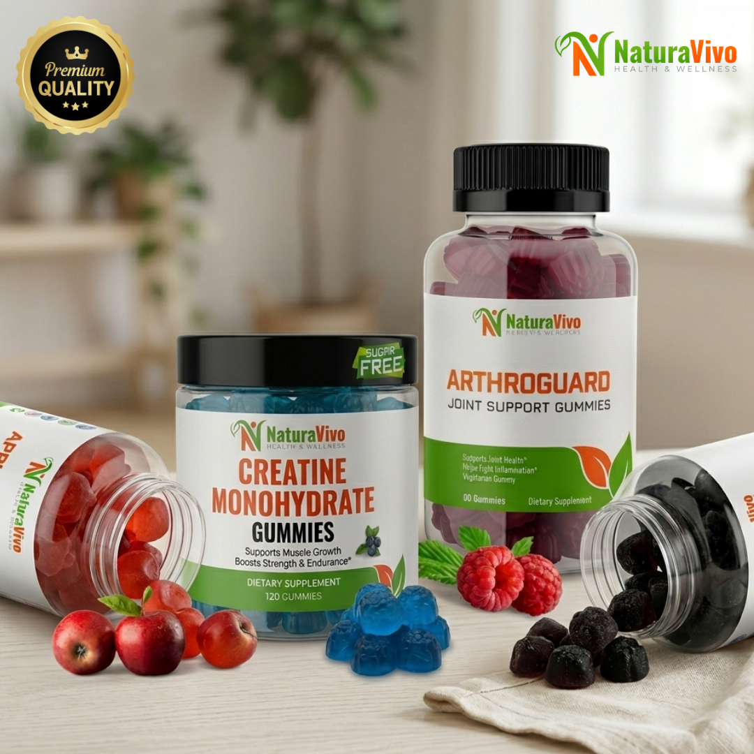 An assortment of four NaturaVivo supplement jars, featuring Apple Cider Vinegar, Creatine Monohydrate, ArthroGuard, and Natural Relax gummy varieties, are displayed with fresh fruit on a wooden surface.