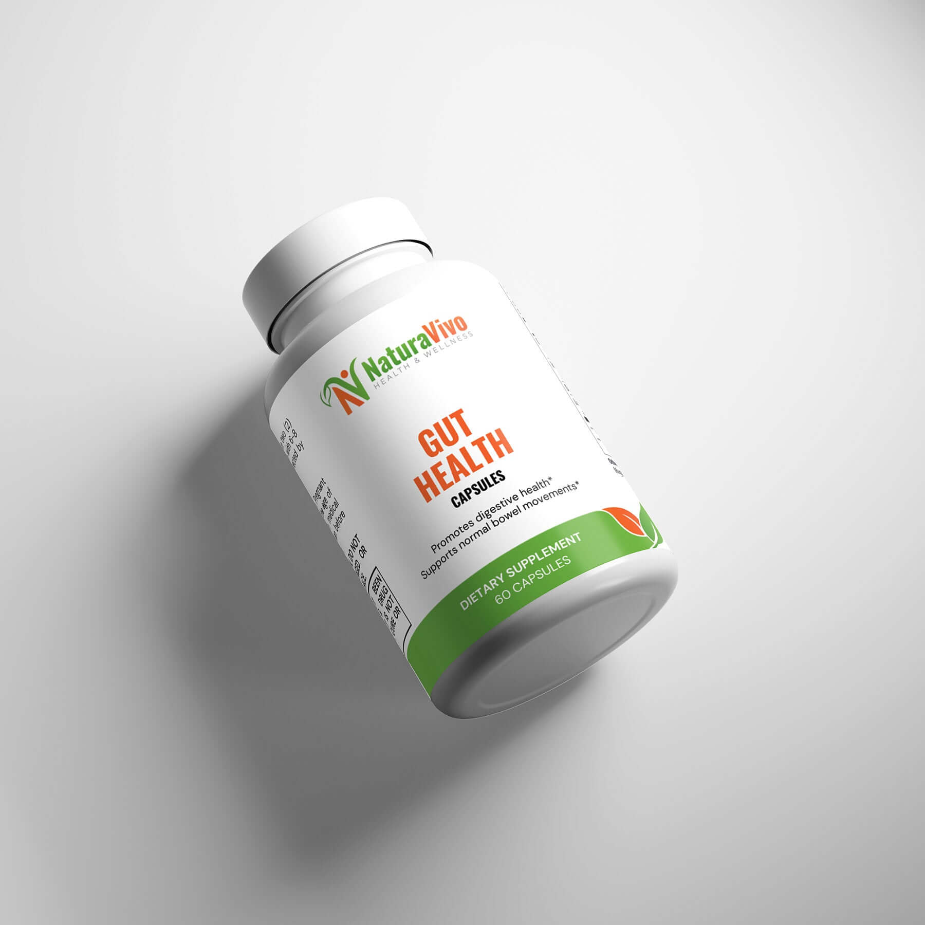 NaturaVivo Gut Health capsules bottle lying at an angle on white background, labeled to promote digestive health and support normal bowel movements.