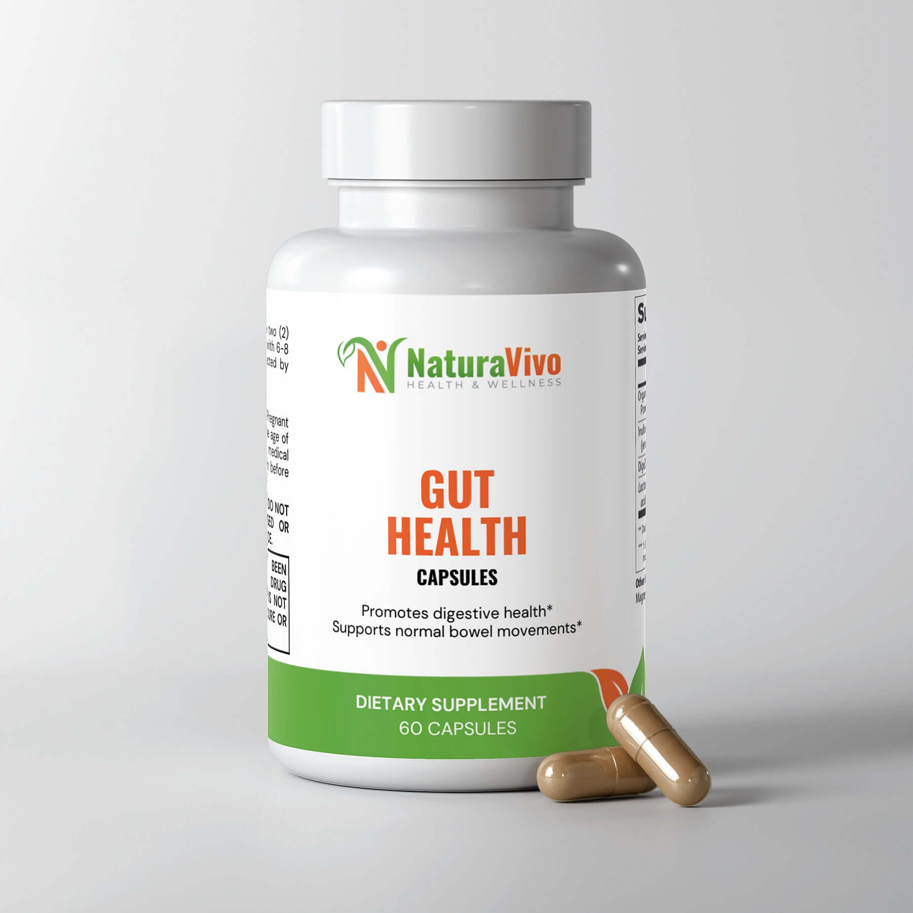 Front view of NaturaVivo Gut Health supplement bottle with two capsules beside it, highlighting 60 vegetarian capsules that promote healthy digestion.