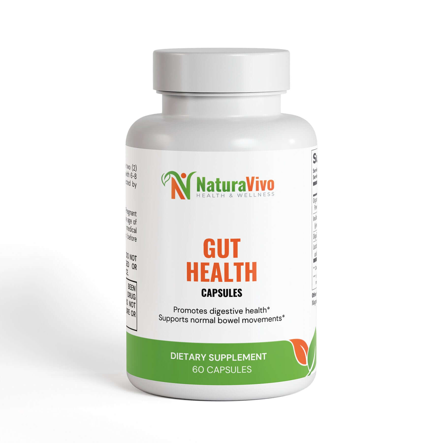 Studio image of NaturaVivo Gut Health supplement bottle featuring clean white design and green label for digestive and bowel support.