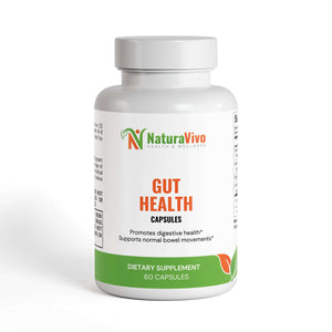 Studio image of NaturaVivo Gut Health supplement bottle featuring clean white design and green label for digestive and bowel support.