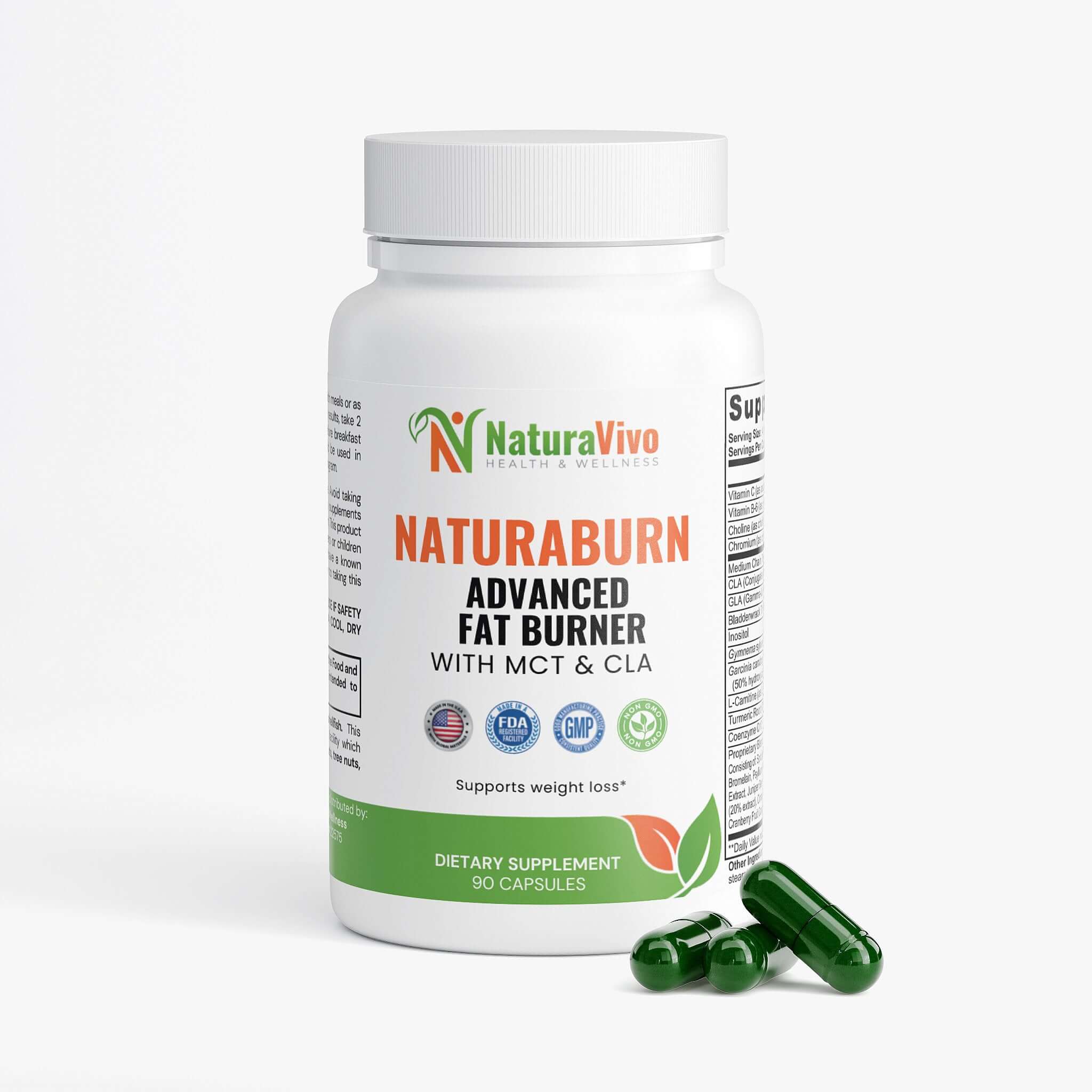 NaturaBurn Advanced Fat Burner with MCT & CLA dietary supplement bottle and green capsules for weight loss.