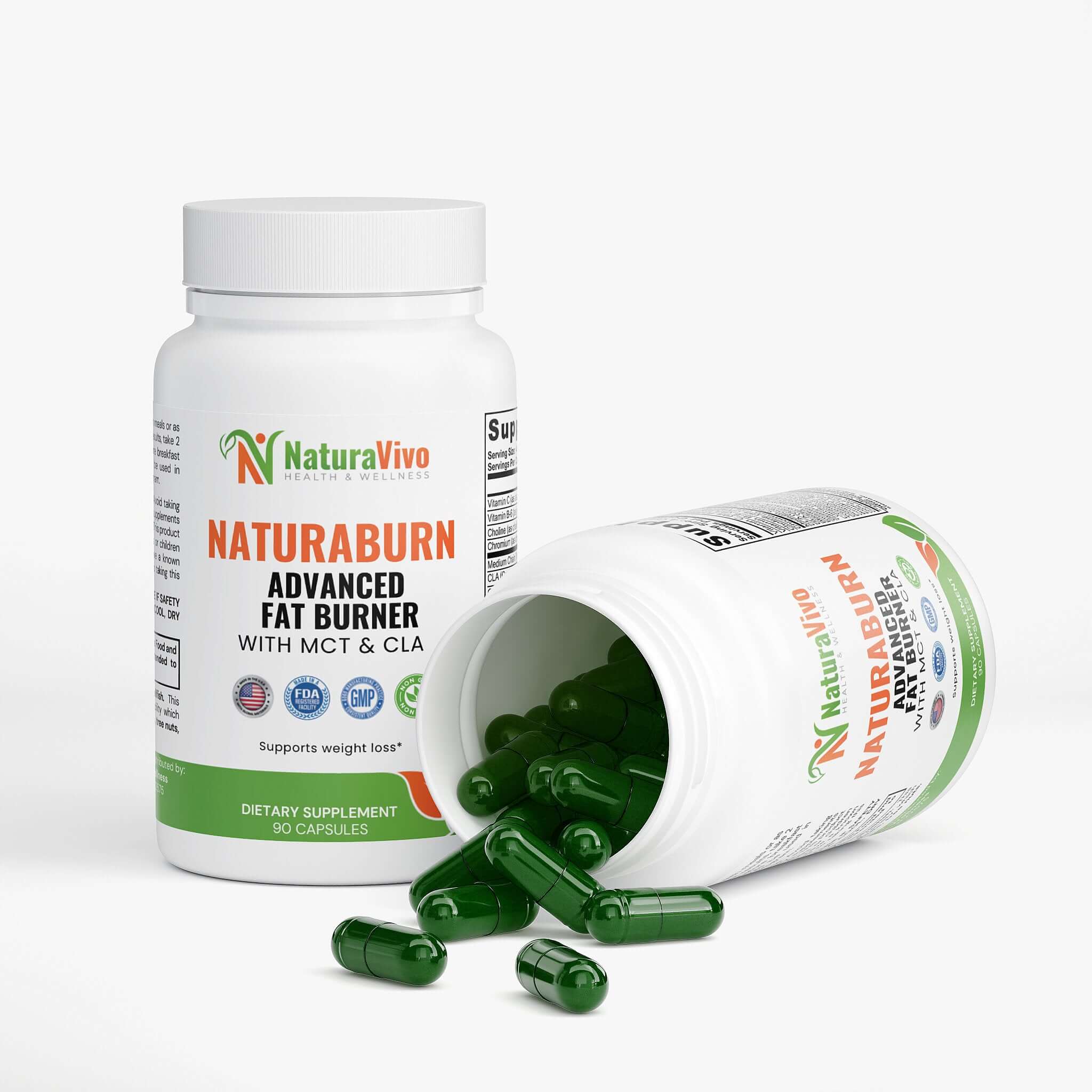 NaturaBurn Advanced Fat Burner with MCT & CLA dietary supplement bottles and green capsules for weight loss.