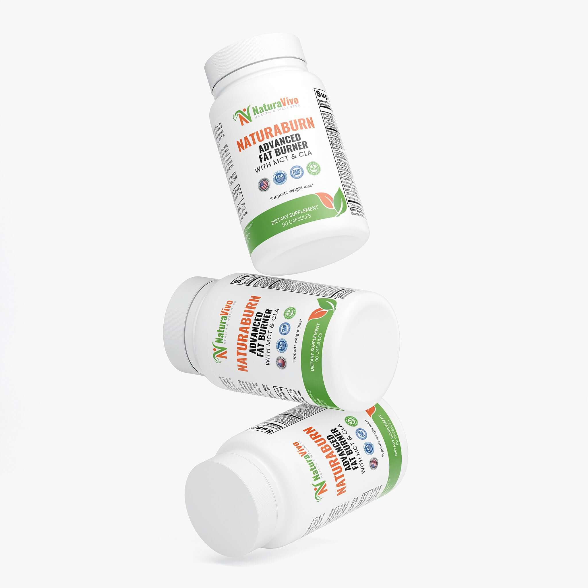 NaturaBurn Advanced Fat Burner with MCT & CLA dietary supplement bottles for weight loss.