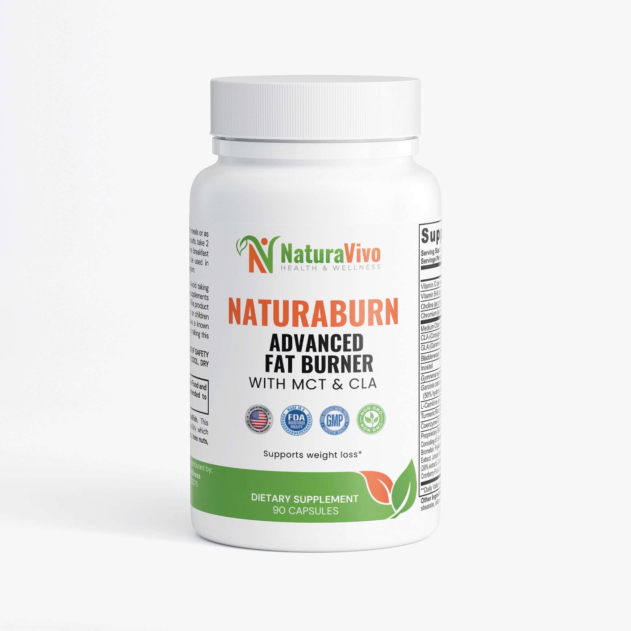 NaturaBurn Advanced Fat Burner with MCT & CLA dietary supplement bottle for weight loss.