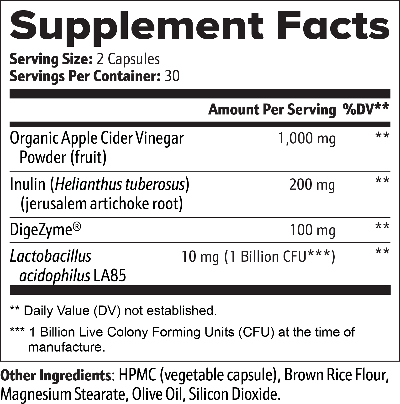 Supplement Facts panel for NaturaVivo Gut Health capsules showing ingredients including Organic Apple Cider Vinegar Powder, Inulin, DigeZyme®, and Lactobacillus acidophilus.