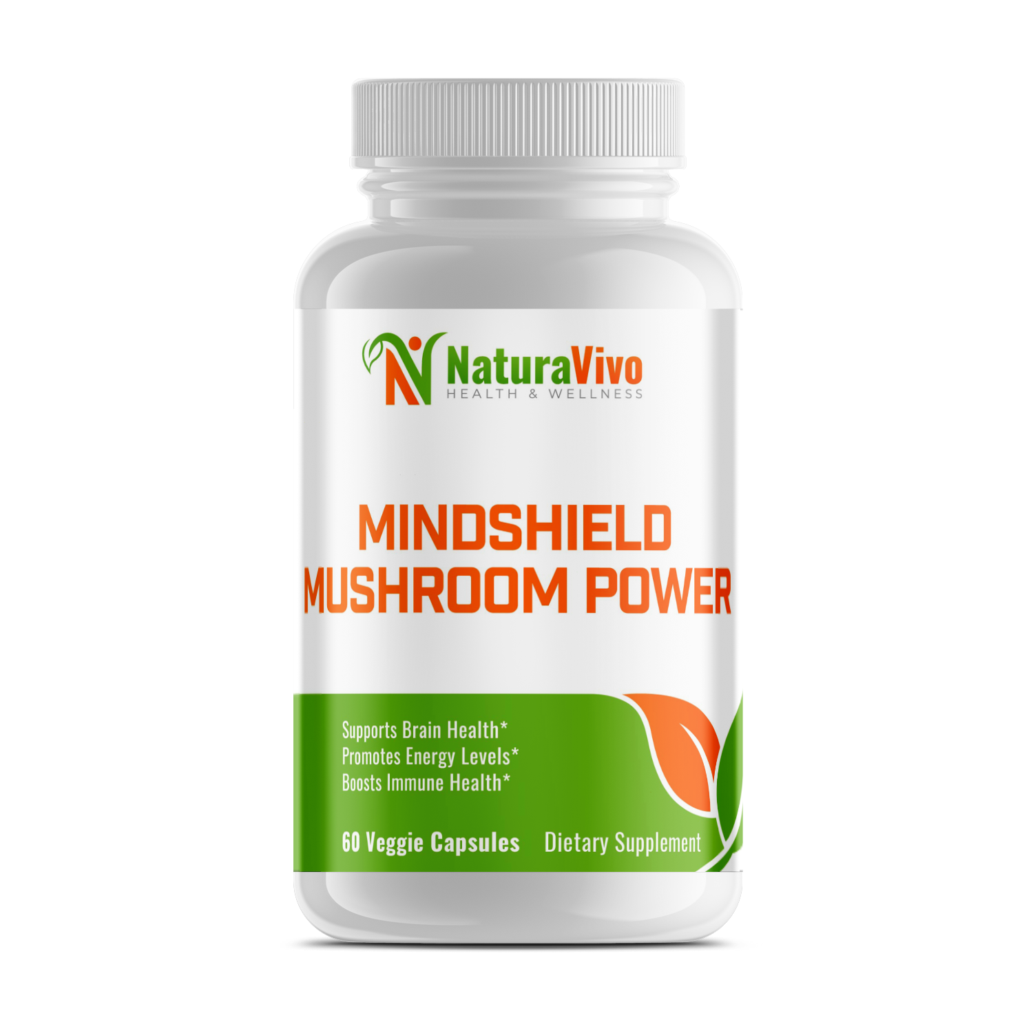 MindShield Mushroom Power bottle for brain health, energy, and immune support with 60 veggie capsules.