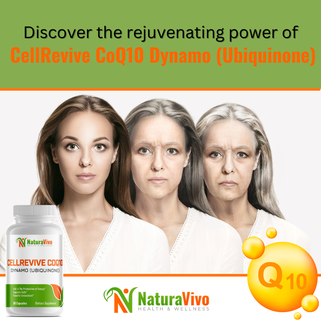 Anti-aging visual showing progression from youthful to mature woman with text highlighting the rejuvenating power of CellRevive CoQ10 Dynamo Ubiquinone supplement.