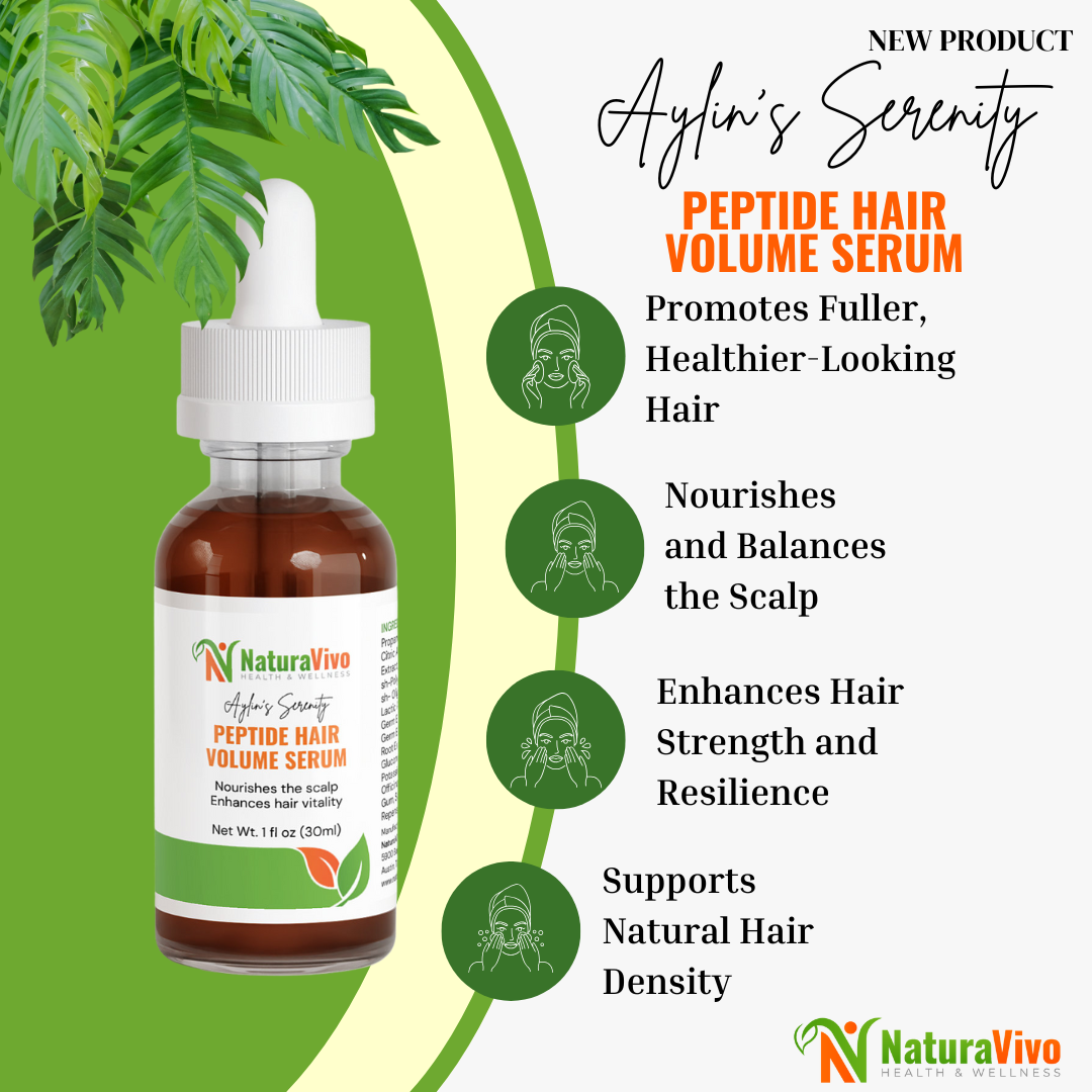 NaturaVivo Aylin’s Serenity Peptide Hair Volume Serum promotional image listing benefits such as fuller hair, scalp nourishment, strength, and natural density support.