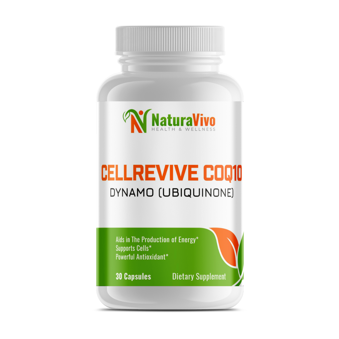 Front-facing bottle of NaturaVivo CellRevive CoQ10 Dynamo Ubiquinone, 30 capsules dietary supplement supporting cellular energy and antioxidant protection.
