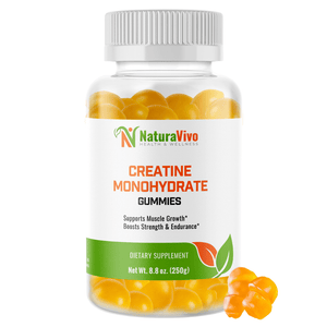 Front-facing product image of NaturaVivo Creatine Monohydrate Gummies bottle containing bright yellow gummies that support muscle growth, strength, and endurance.
