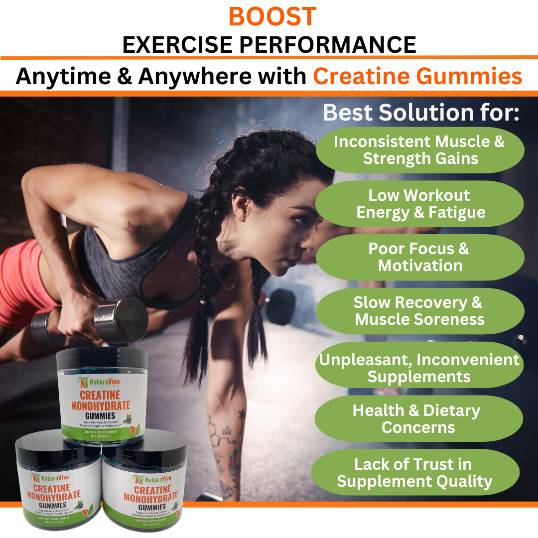 Female athlete training with dumbbells beside stacked NaturaVivo Creatine Monohydrate Gummies jars — solution for muscle growth, fatigue, recovery, and motivation.