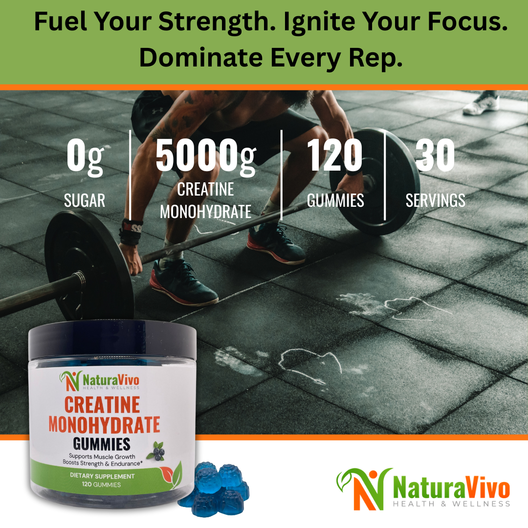 Athlete lifting barbell beside NaturaVivo Creatine Monohydrate Gummies — sugar-free formula with 5000mg creatine, 120 gummies, 30 servings for peak performance.