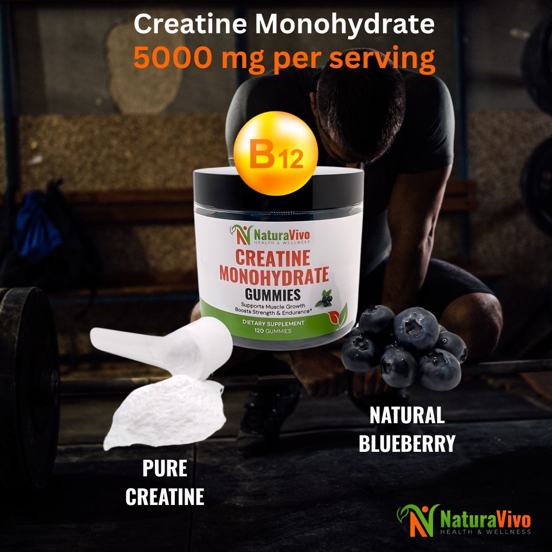 NaturaVivo Creatine Monohydrate Gummies with Vitamin B12 and natural blueberry flavor — 5000mg creatine per serving for muscle strength and endurance support.