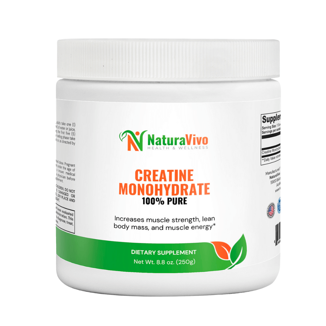 NaturaVivo creatine monohydrate powder container, enhancing muscle strength and energy.