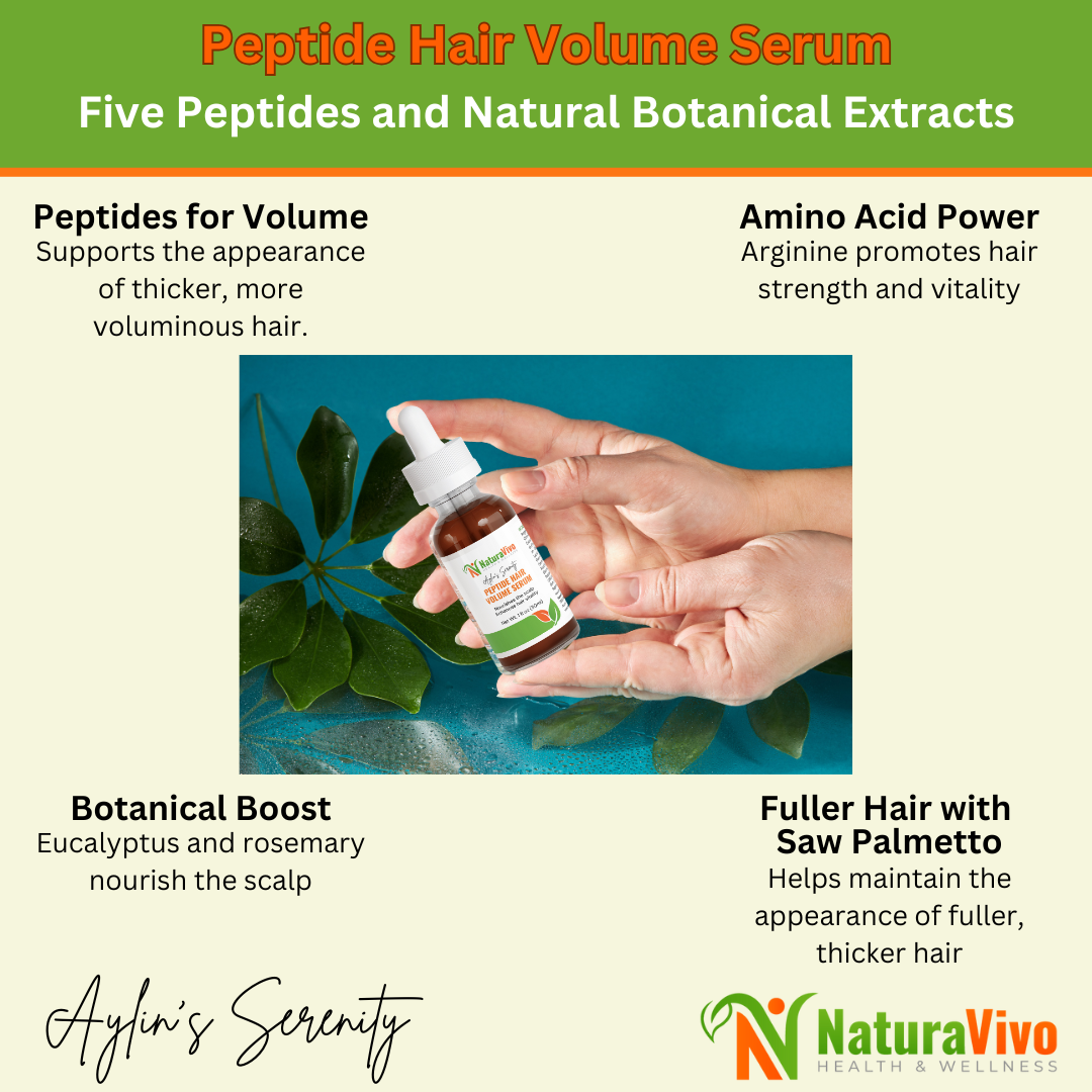 NaturaVivo Aylin’s Serenity Peptide Hair Volume Serum bottle held in hands beside green leaves, highlighting peptide, amino acid, botanical, and saw palmetto benefits.