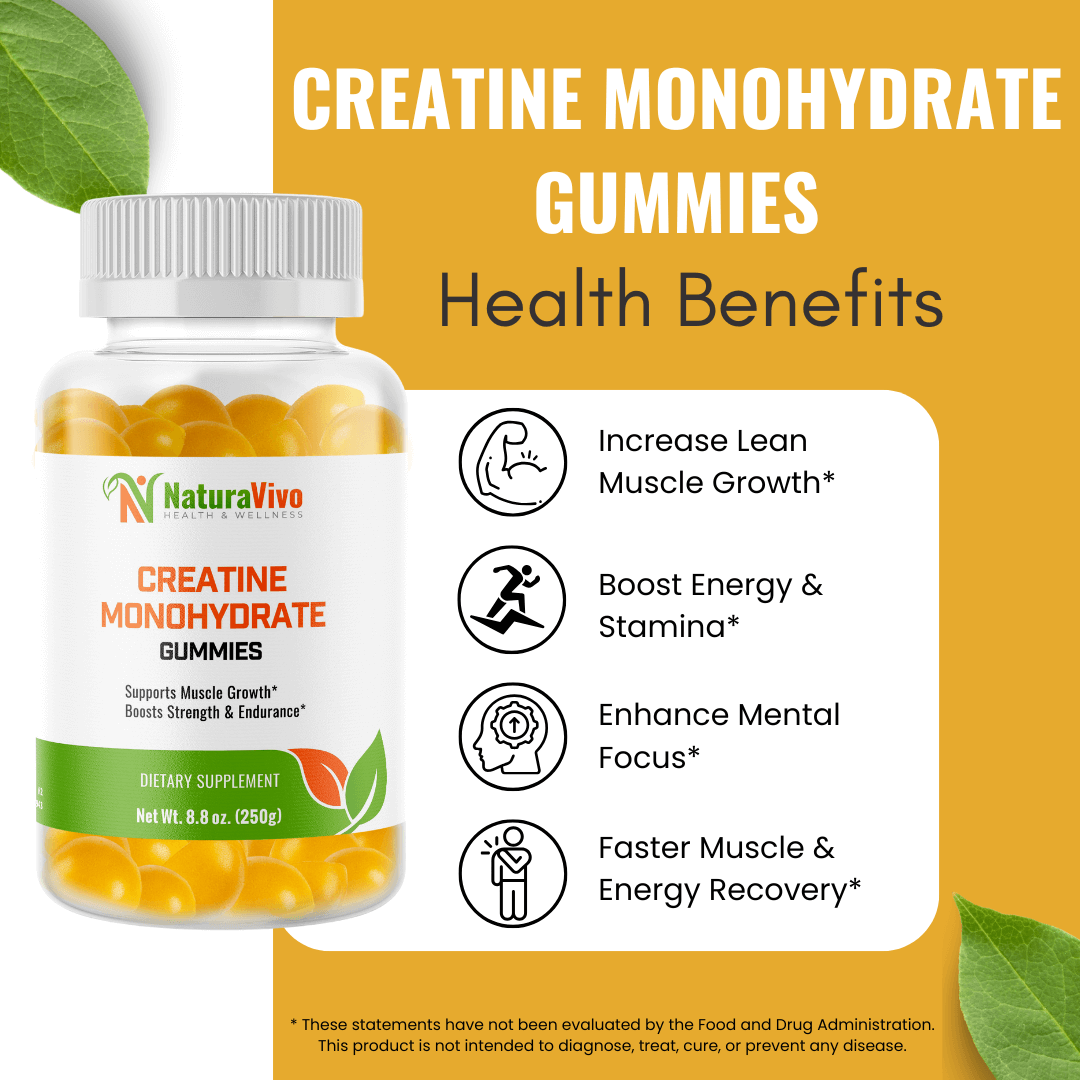 NaturaVivo Creatine Monohydrate Gummies bottle with listed benefits: increase lean muscle growth, boost energy and stamina, enhance mental focus, and faster recovery.