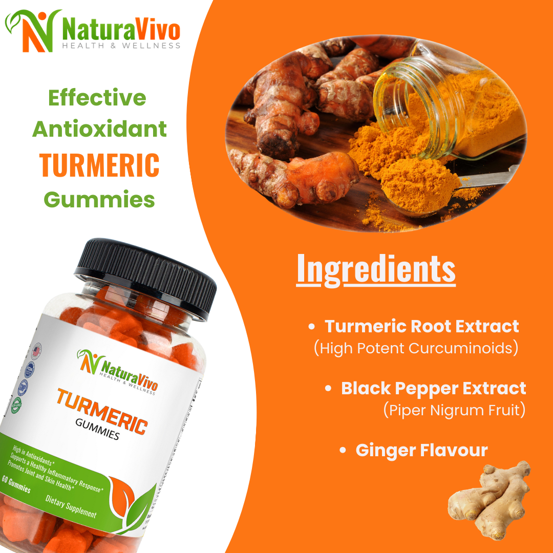 Turmeric root and powder with NaturaVivo Turmeric Gummies bottle highlighting ingredients — turmeric extract, ginger flavor, and black pepper for absorption.