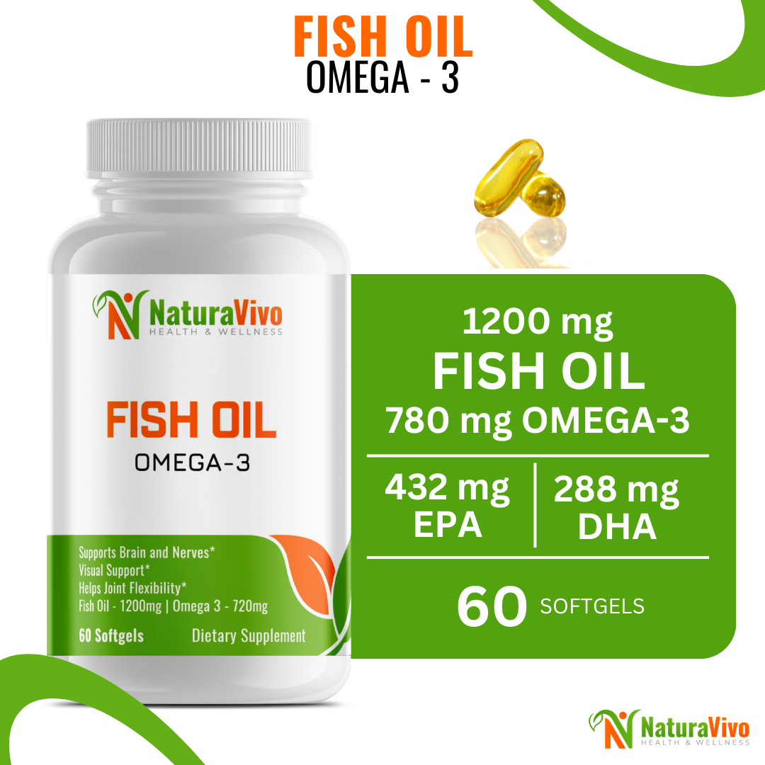 NaturaVivo Fish Oil Omega-3 supplement bottle with dosage details showing 1200mg fish oil, 780mg omega-3, 432mg EPA, and 288mg DHA in 60 softgels.