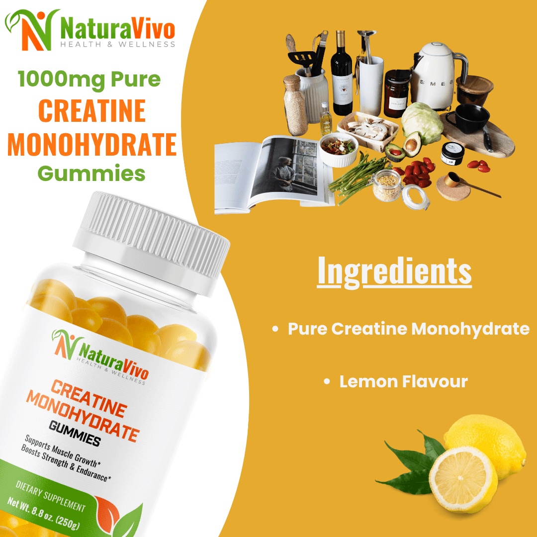 Creatine Monohydrate Gummies by NaturaVivo displayed with natural ingredients including lemon and healthy food items, highlighting 1000mg pure creatine monohydrate and lemon flavor.