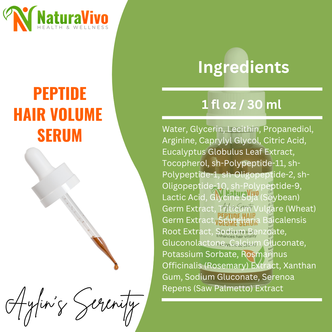 Peptide Hair Volume Serum by NaturaVivo Aylin’s Serenity showing ingredient list including peptides, arginine, rosemary, eucalyptus, and saw palmetto extracts.
