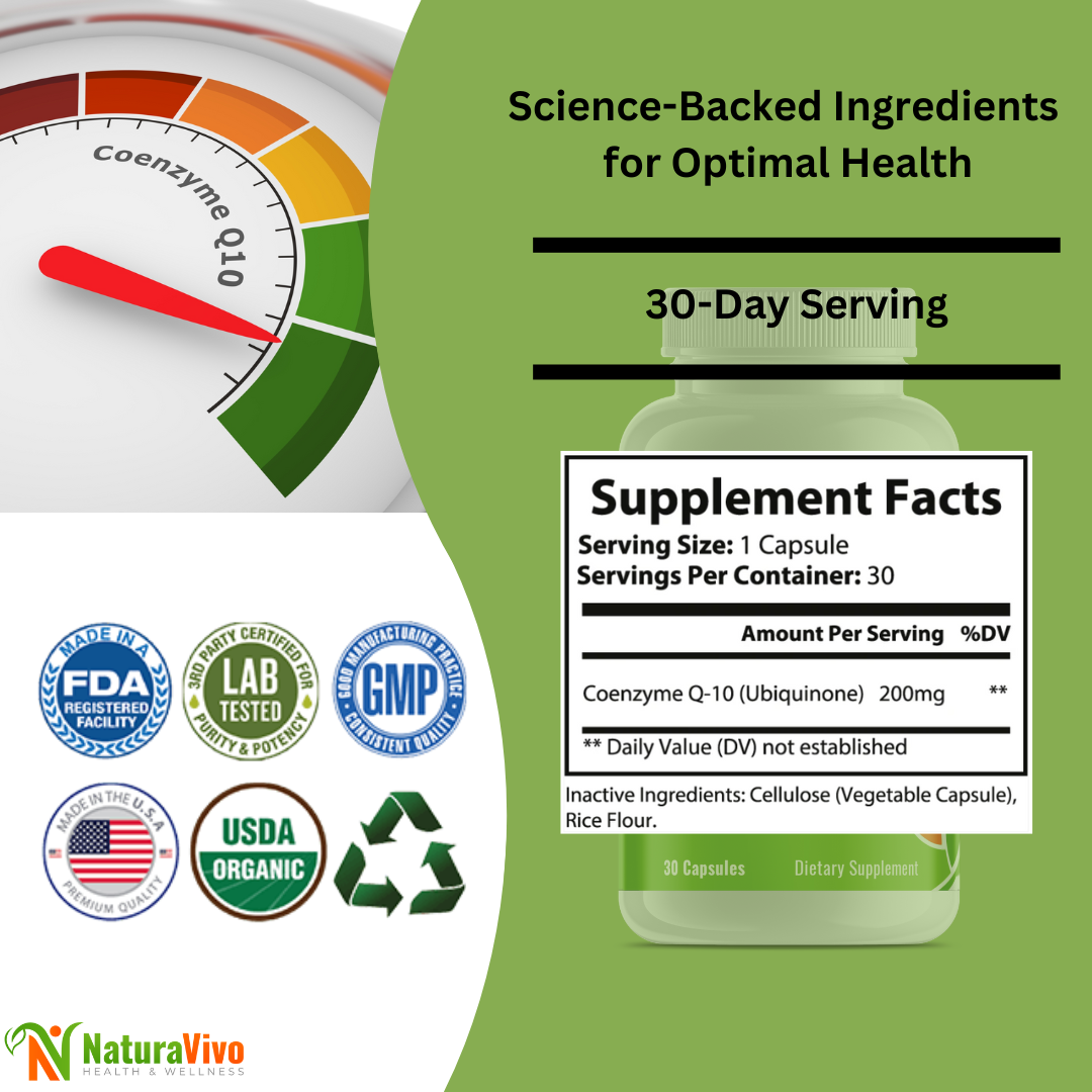 NaturaVivo CellRevive CoQ10 Dynamo supplement label showing Coenzyme Q10 (Ubiquinone) 200mg per capsule with 30-day supply and quality certifications.