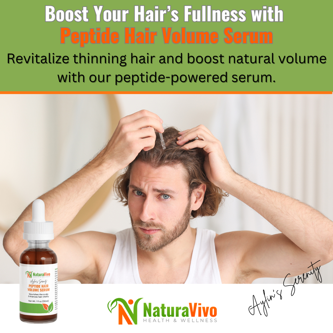 Man applying NaturaVivo Aylin’s Serenity Peptide Hair Volume Serum to scalp with dropper, promoting thicker, fuller hair and revitalized volume.