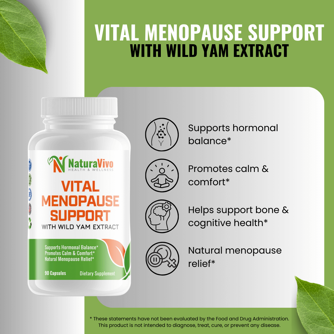 Vital Menopause Support with Wild Yam Extract, dietary supplement for hormonal balance, calm, and natural menopause relief.