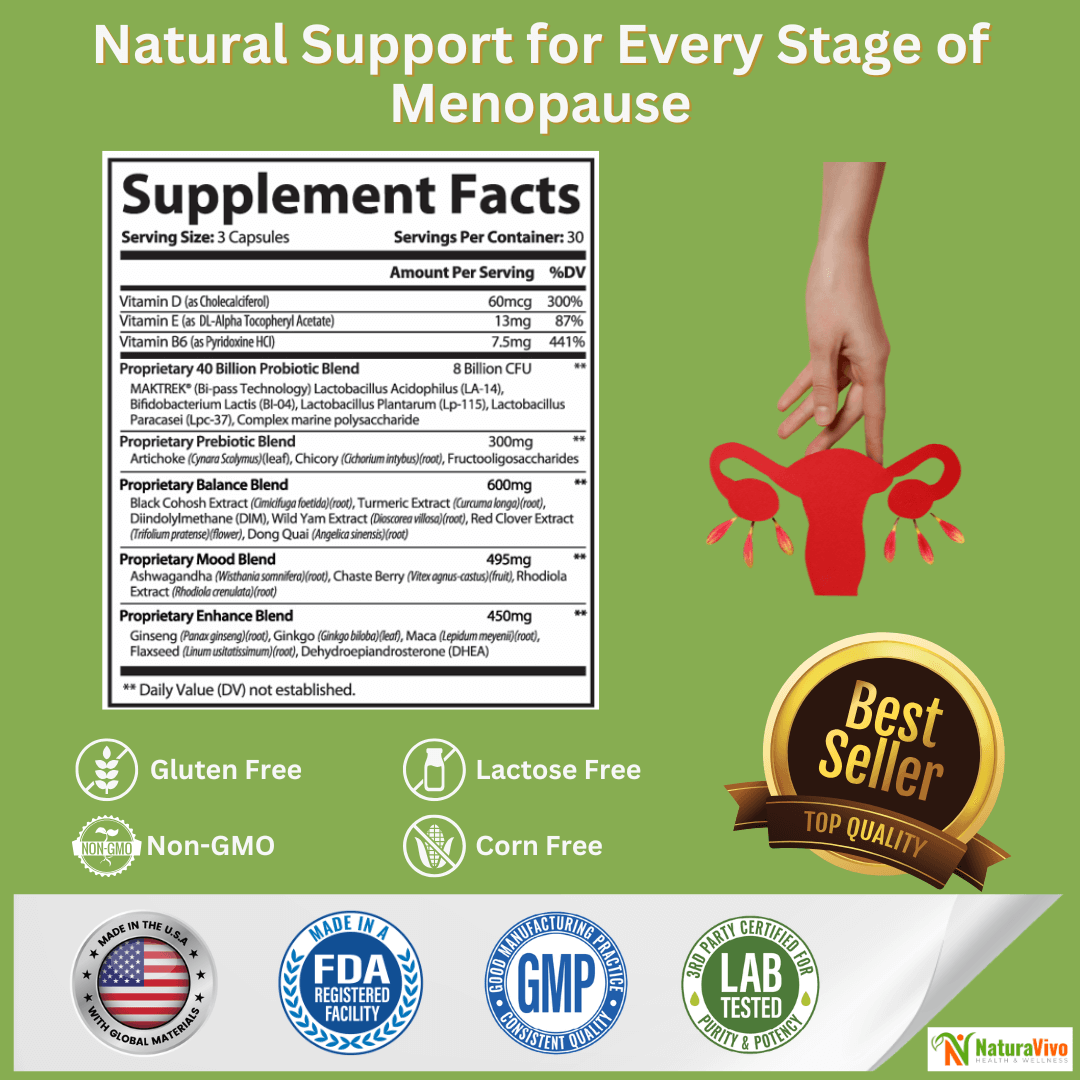 Natural support for every stage of menopause in supplement facts with menopause support wild yam extract.