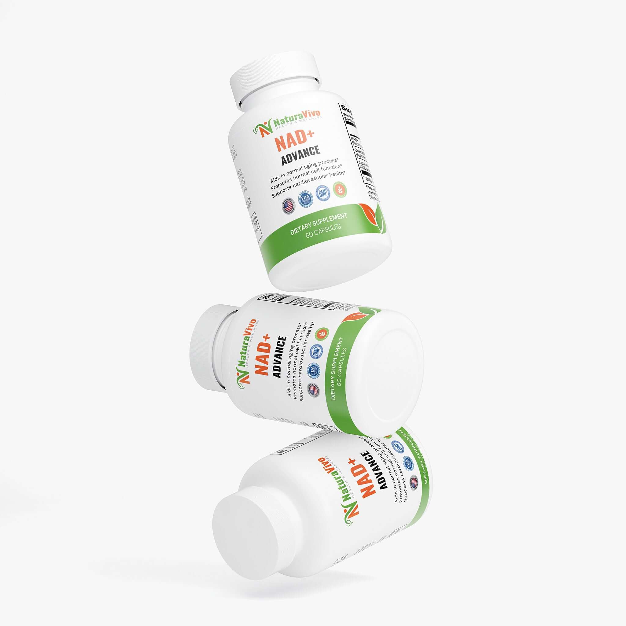 Naturavivo NAD+ Advance Supplement bottles flying