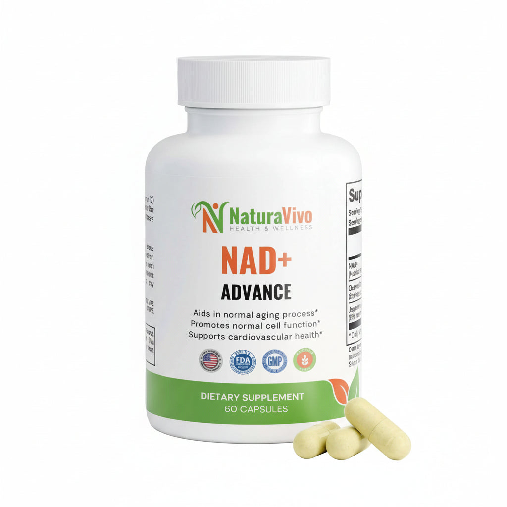 Naturavivo NAD+ Advance Supplement capsules and bottle image
