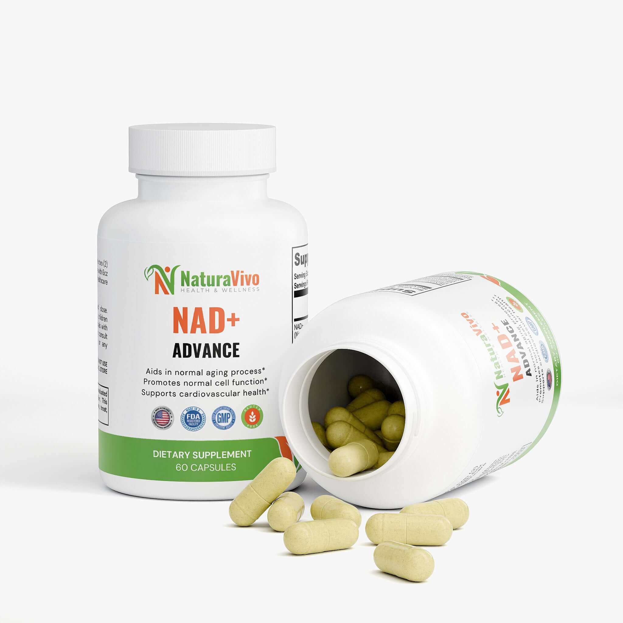 Naturavivo NAD+ Advance Supplement capsules and 2 bottles image