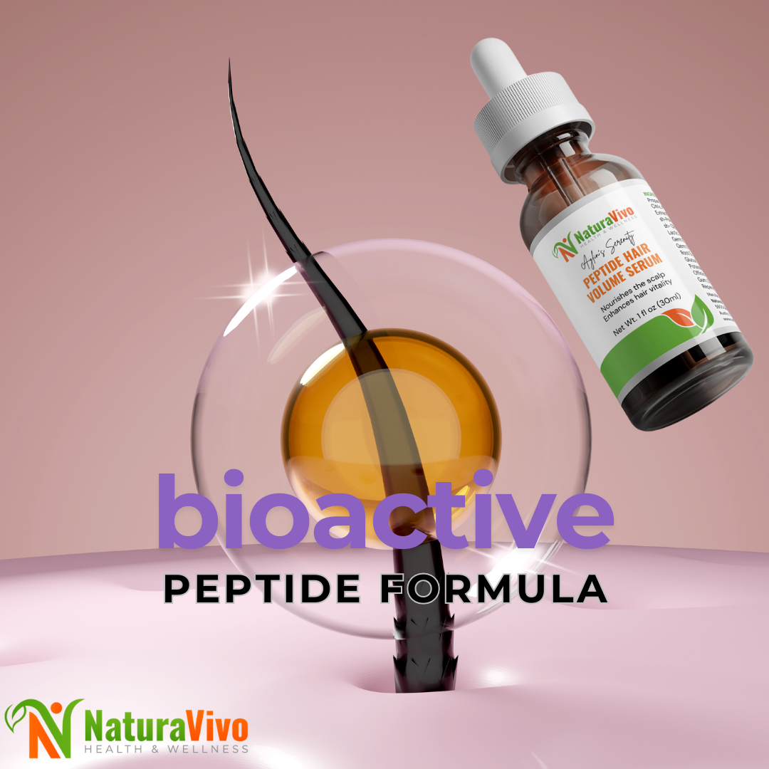 NaturaVivo Aylin’s Serenity Peptide Hair Volume Serum bottle beside hair strand graphic showing bioactive peptide formula that supports healthy hair growth.