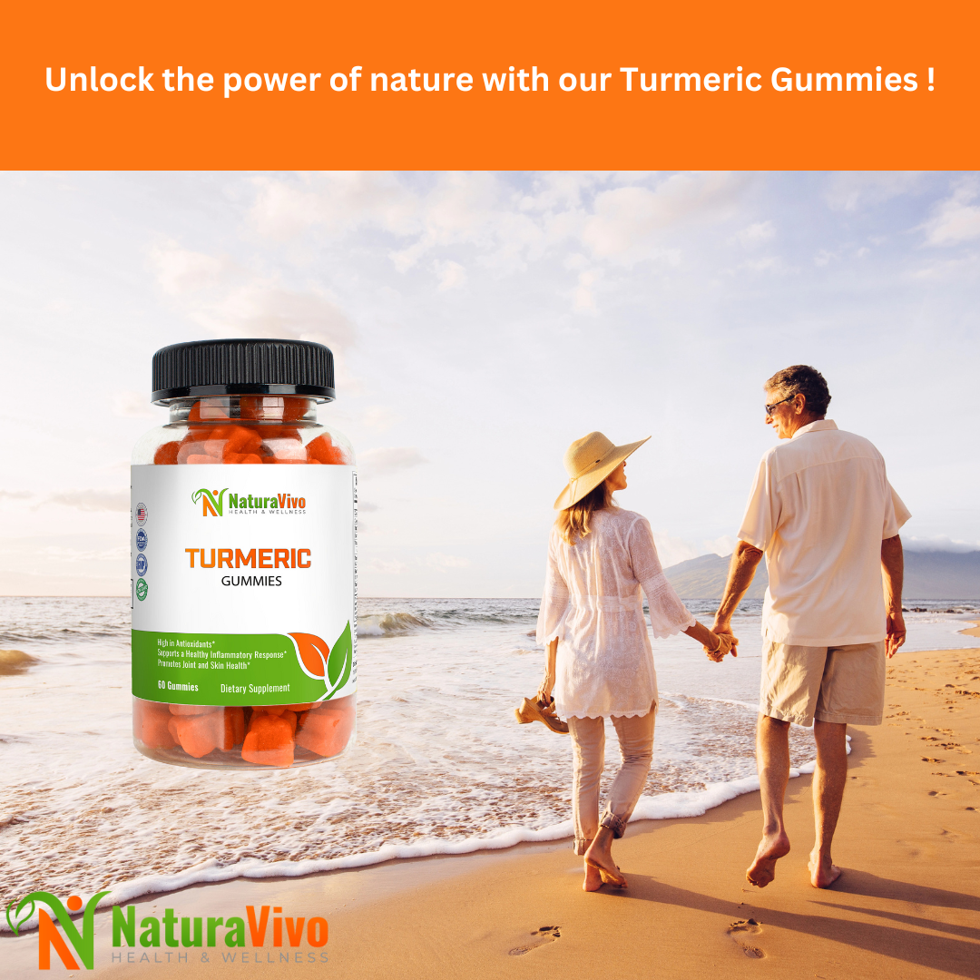 NaturaVivo Turmeric Gummies bottle with couple walking on the beach — natural joint and skin health support for active lifestyles.
