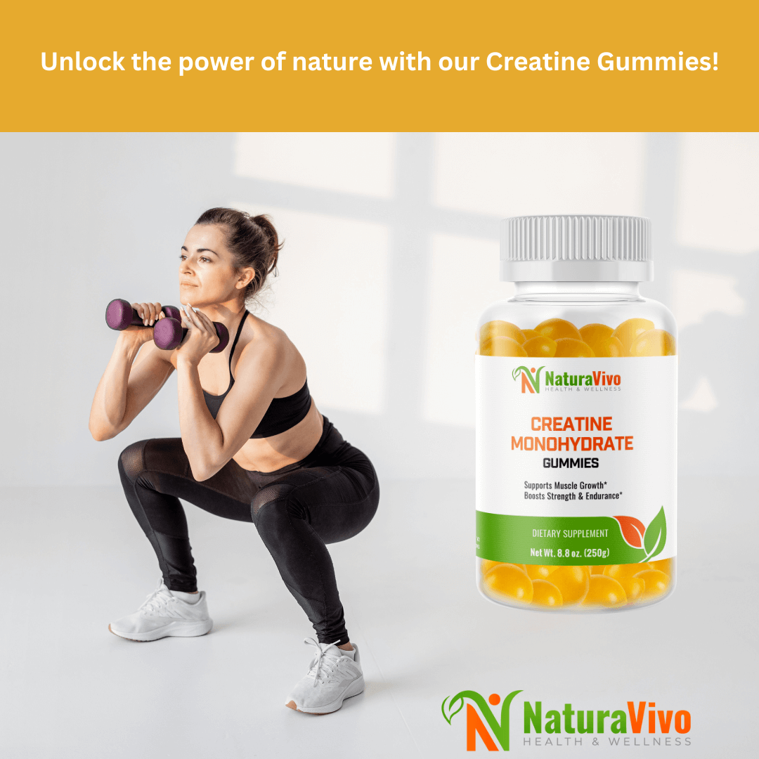 Active woman performing squats with dumbbells beside NaturaVivo Creatine Monohydrate Gummies bottle with text ‘Unlock the power of nature with our Creatine Gummies.’