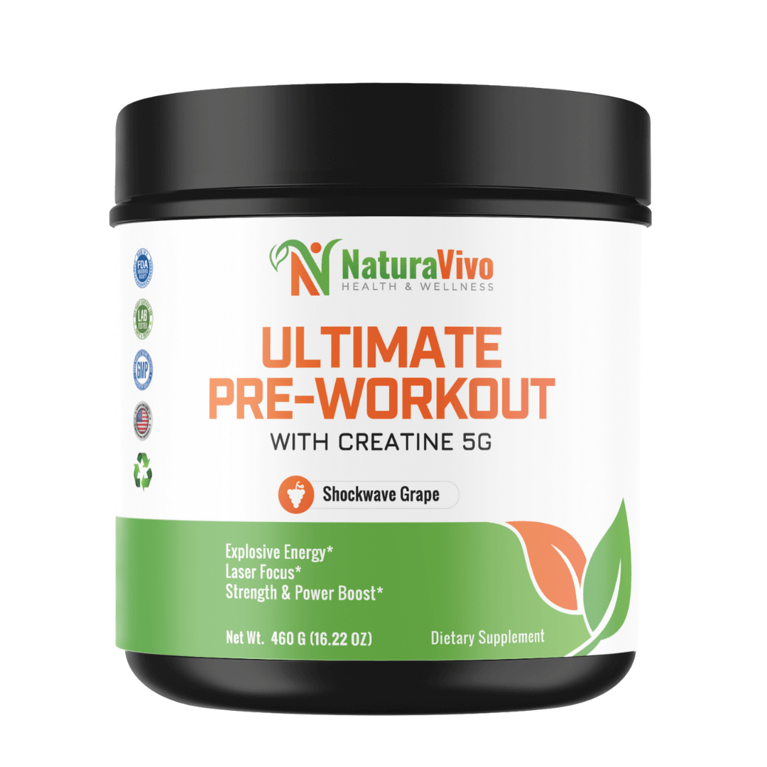 Ultimate Pre-Workout Supplement with Creatine 5G in Shockwave Grape flavor for explosive energy and strength boost.