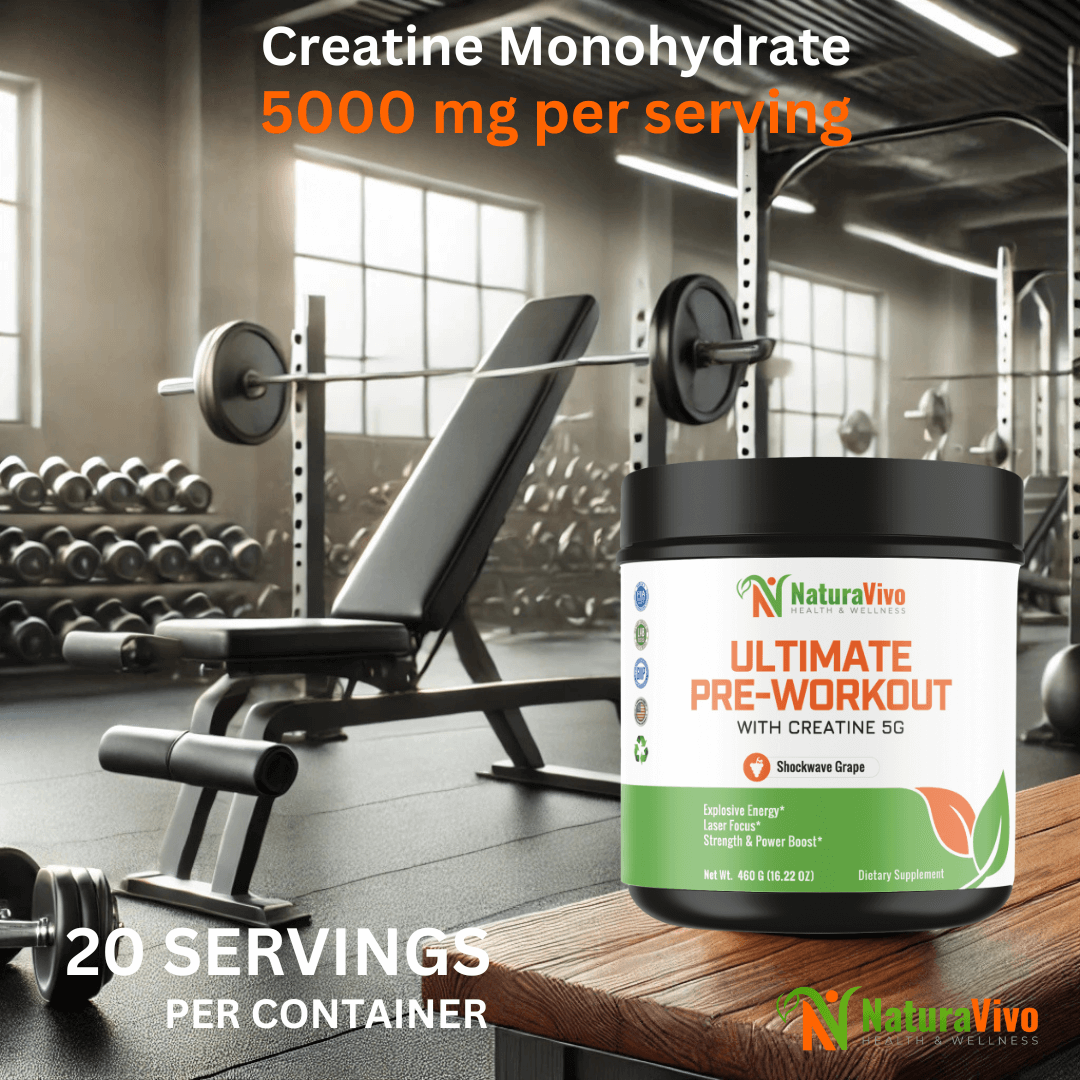 Ultimate Pre-Workout Supplement with Creatine 5G for explosive energy, grape flavor, 20 servings per container.