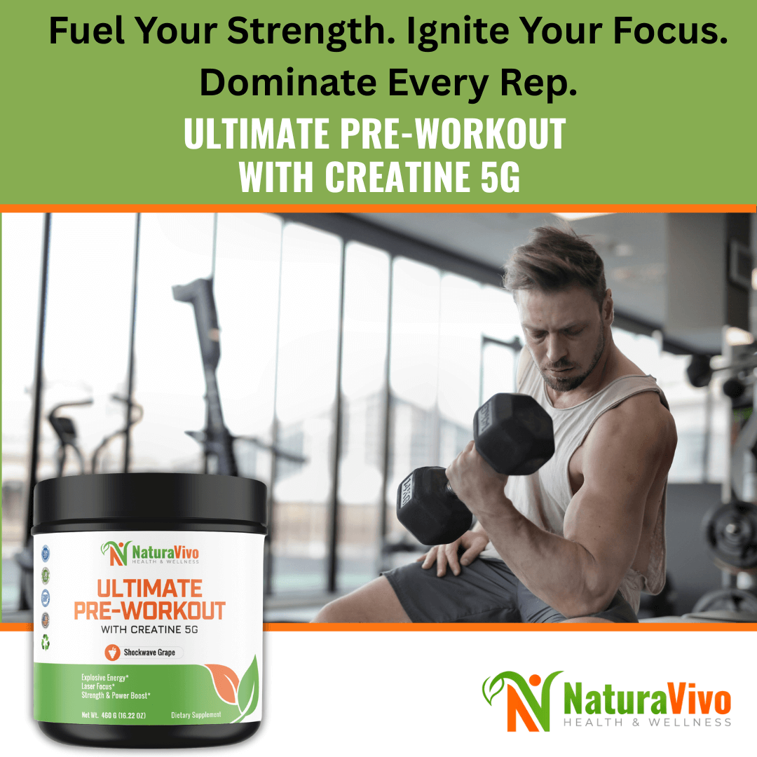 Ultimate Pre-Workout Supplement with Creatine 5G in fitness setting, showcasing energy and focus.