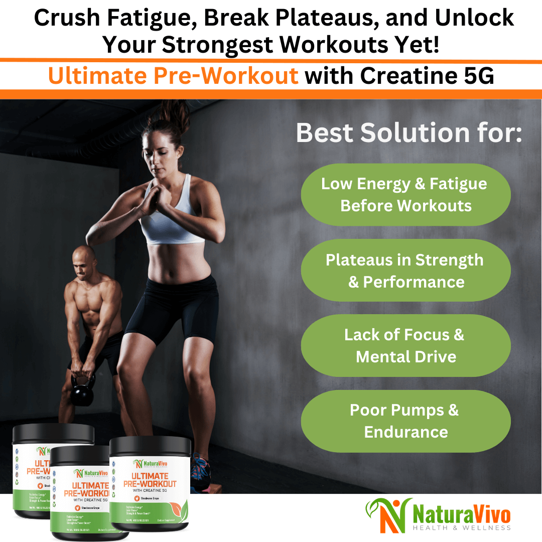 Ultimate Pre-Workout Supplement with Creatine 5G for low energy, fatigue, and poor performance in workouts.