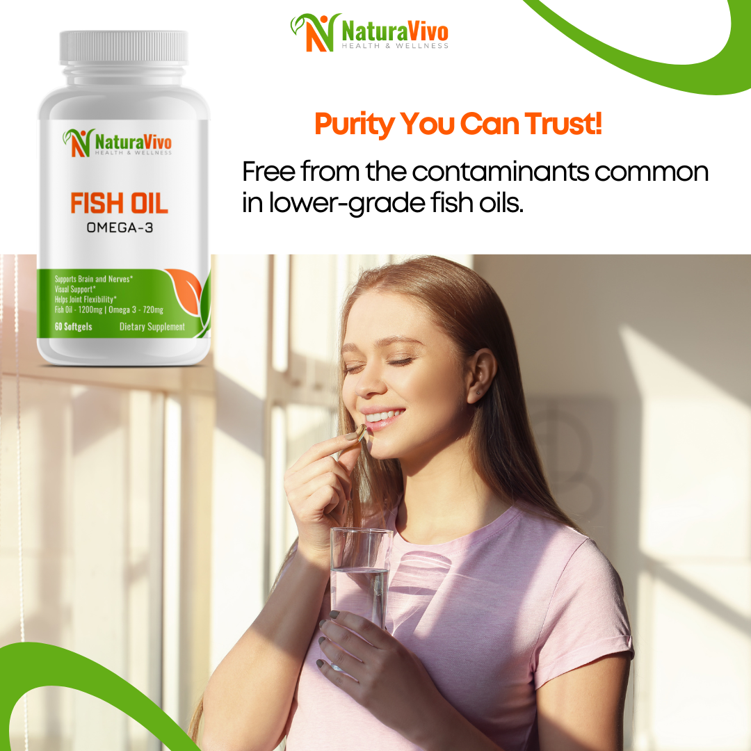 Woman smiling while taking NaturaVivo Fish Oil Omega-3 softgel with water, representing purity and high-quality supplement free from contaminants.