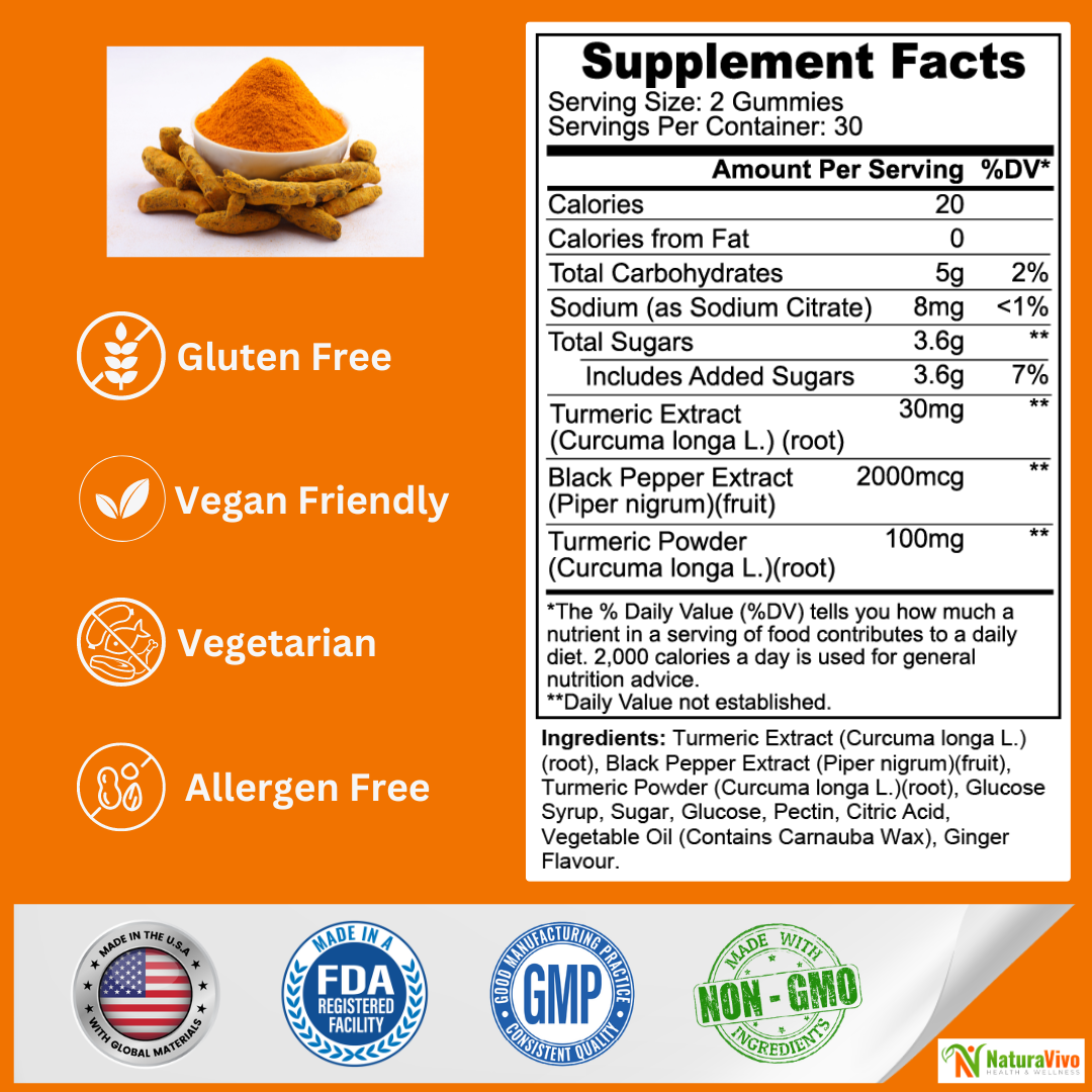 NaturaVivo Turmeric Gummies supplement facts showing turmeric and black pepper extract per serving — vegan, gluten-free, and allergen-free formula.