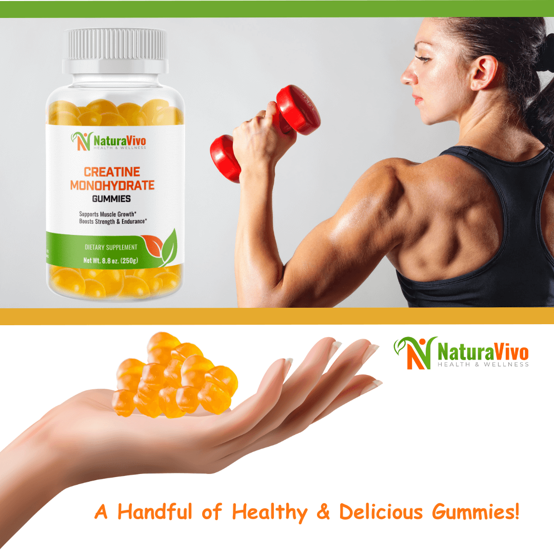 NaturaVivo Creatine Monohydrate Gummies bottle shown with woman lifting a red dumbbell and a close-up of golden gummies in hand with text ‘A Handful of Healthy & Delicious Gummies.