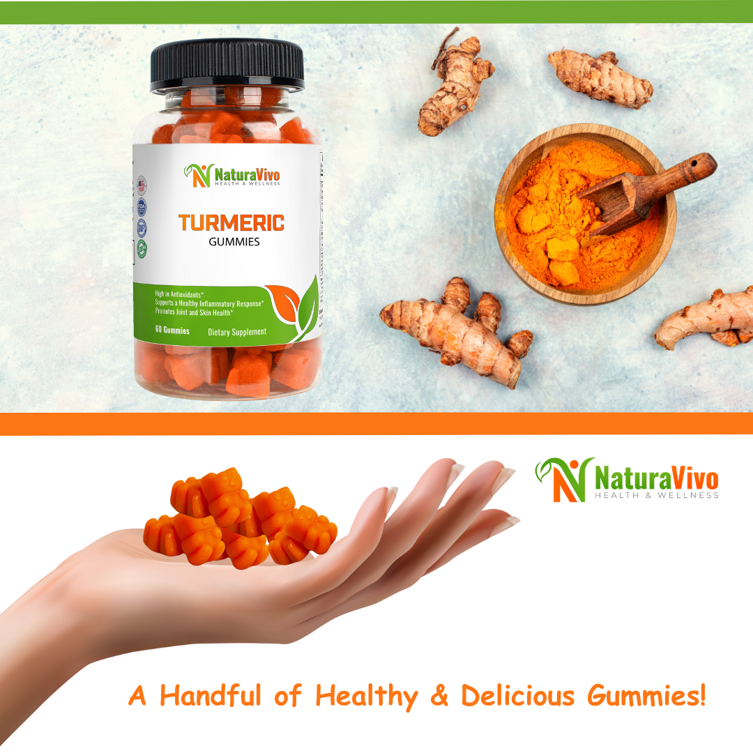 Hand holding bright orange NaturaVivo Turmeric Gummies beside turmeric roots and powder — delicious, antioxidant-rich gummy supplement.