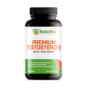Front view of NaturaVivo Premium Testosterone Support with Testofen® bottle — dietary supplement for male vitality, energy, and hormonal balance.