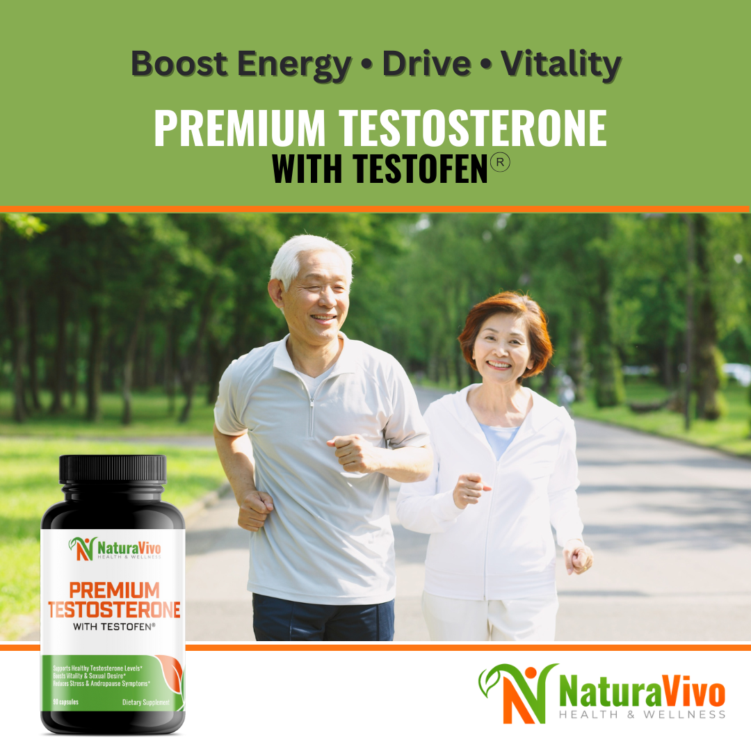 NaturaVivo Premium Testosterone Support with Testofen® — active senior couple jogging outdoors to boost energy, drive, and vitality naturally.