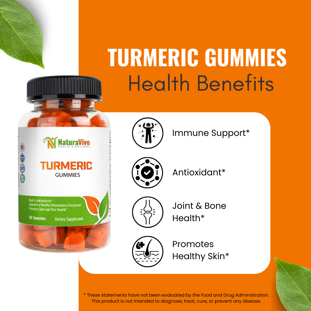 NaturaVivo Turmeric Gummies bottle with icons listing benefits — supports immunity, antioxidant defense, joint health, and glowing skin.