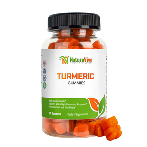 Front view of NaturaVivo Turmeric Gummies bottle with vibrant orange gummies — turmeric and ginger flavor for joint, bone, and skin health.