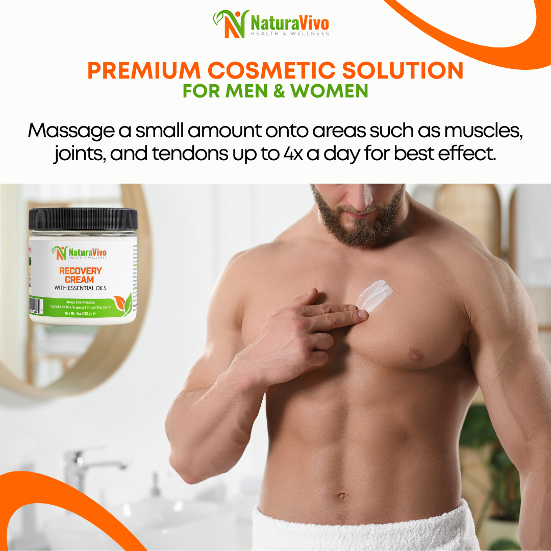 Man applying NaturaVivo Recovery Cream with Essential Oils to chest, highlighting premium cosmetic solution for men and women that soothes muscles and skin.