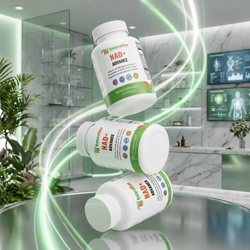 Three bottles of NAD+ Advance supplements on a reflective surface with a modern interior background.