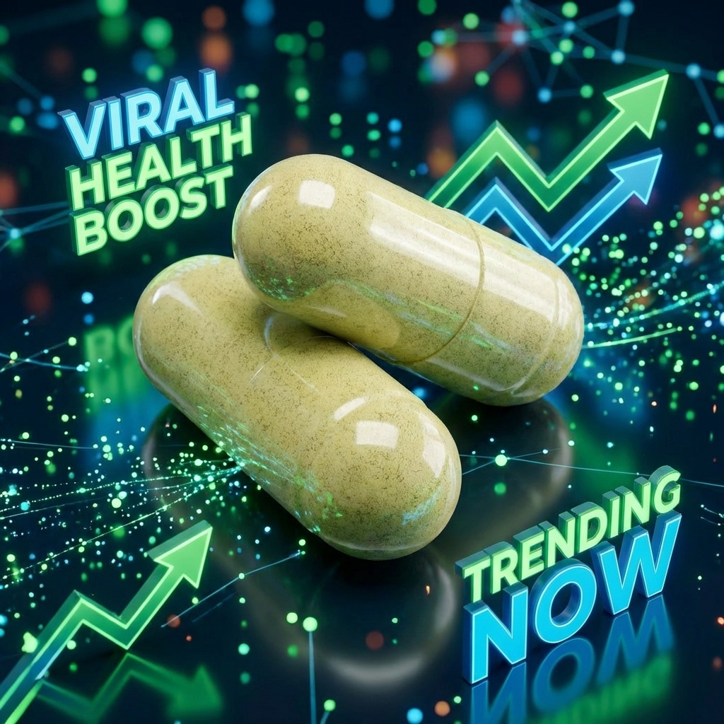Two capsules with a digital background displaying 'Viral Health Boost' and 'Trending Now'.